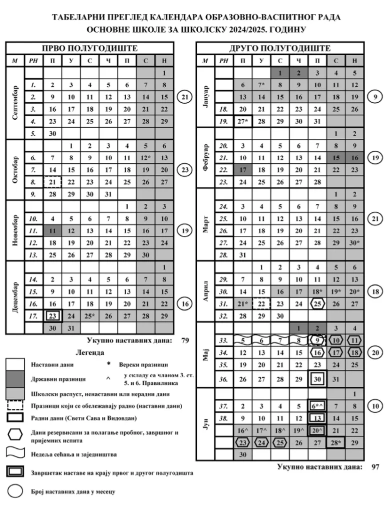 Школски календар 2024/2025